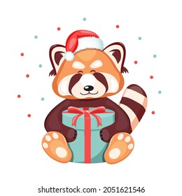 A cute panda in Christmas santa cap is holding gift box.