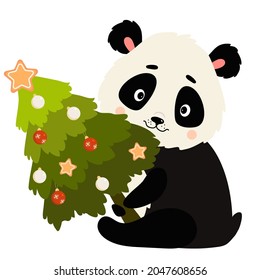 Cute Panda With Christmas Tree With Christmas balls. Vector illustration. Christmas animal for holiday decor and postcards