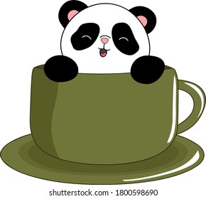 Cute Panda in a circle. Animals in Green tea or coffee cup.