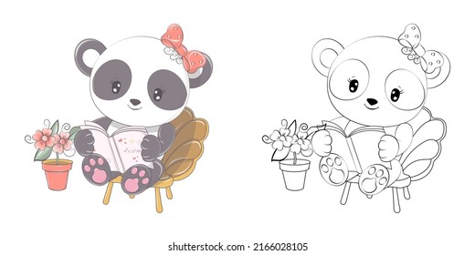 Cute Panda Clipart Illustration and Black and White. Funny Clip Art Panda Reads a Book. Vector Illustration of an Animal for Coloring Pages, Stickers, Baby Shower, Prints for Clothes. 