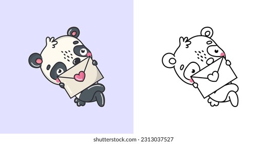 Cute Panda Clipart Illustration and Black and White. Funny Bear Art. Vector Illustration of a Kawaii Animal for Coloring Pages, Stickers, Baby Shower, Prints for Clothes.
