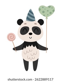 Cute panda clipart, isolated Birthday character. Happy Birthday concept animal, festive hand drawn vector illustration in flat style	