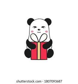 Cute Panda with closed eyes unpacks a gift for New year, birthday, Christmas or other holiday. Funny new year sticker 2021. Vector illustrations are humorous illustrations. Drawing for children.