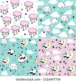 Cute panda with clouds and stars seamless pattern collection