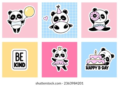 Cute Panda Colorful Cards. Princess, Happy Birthday Cake. Animals Kids Vector Illustration. Baby Print for Nursery, Party Decoration.