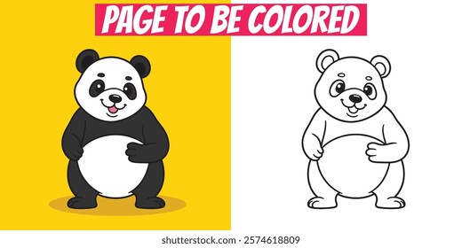 Cute panda coloring page with black-and-white outline and colored clipart. Ideal for preschool, toddlers, and printable educational activities.