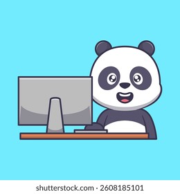Cute panda with computer cartoon icon illustration	