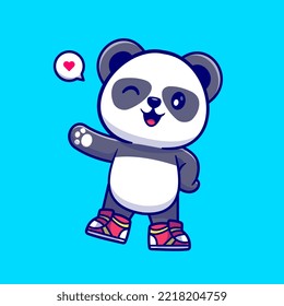 Cute Panda Cool Panda Waving Hand Cartoon Vector Icon Illustration. Animal Nature Icon Concept Isolated Premium Vector. Flat Cartoon Style