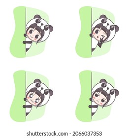Cute panda costume girl hiding cartoon illustration