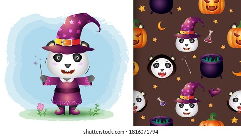 a cute panda with costume halloween character collection. seamless pattern and illustration designs