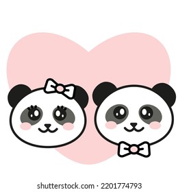 Cute panda couple with heart
color illustration isolated on white background. Lovely Panda face couple love cartoon vector Icon. Sweet wedding. Kawaii panda boy and girl love.
