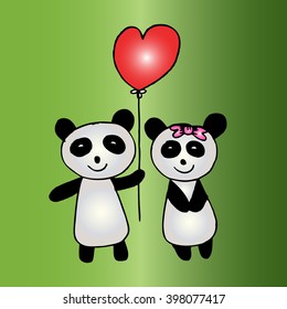 cute panda couple in love. Hand drawing illustration.