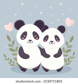 Linda pareja de pandas en el día de San Valentín