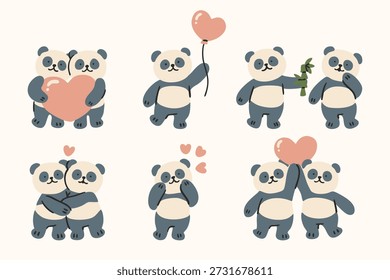 Linda pareja de pandas con corazones, globos, abrazos y bambú.