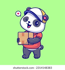 Cute Panda Courier Shipping Package Cartoon Vector Icon Illustration. Animal Profession Icon Concept Isolated Premium Vector. Flat Cartoon Style