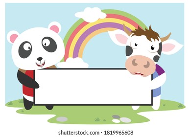 cute panda and cow hold a white board simple vector illustration design