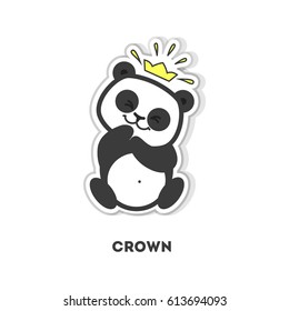 Cute panda in crown. Isolated sticker on white background.