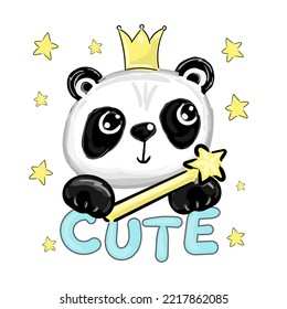 Cute panda with crown and magic wand vector. Can be used for kids or babies t shirt design. Fashion print graphic. Cartoon animal illustration