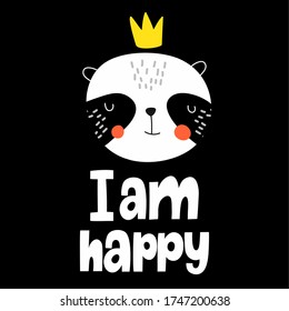 Cute Panda in a crown on a black background and lettering I'm happy, perfect for nursery decor, newborn rug or interior