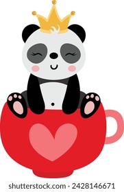 Cute panda with crown on head inside love cup