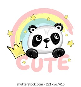 Cute panda with crown and rainbow vector. Can be used for kids or babies t shirt design. Fashion print graphic. Cartoon animal illustration