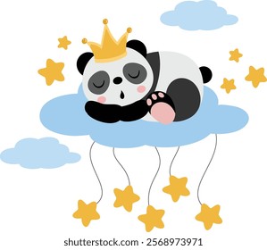 Cute panda with crown sleeping on cloud with stars