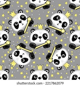 Cute Panda with Crown and Stars Seamless Pattern, Animal Background for Kids textile or fabric decor