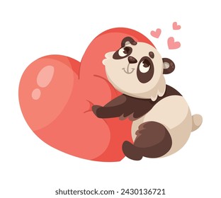 Cute Panda Cub Embrace Huge Heart for Valentine Day Vector Illustration