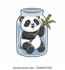  A cute panda cub sits inside a glass jar, happily munching on a bamboo shoot. The jar is filled with water, creating a whimsical and imaginative scene.