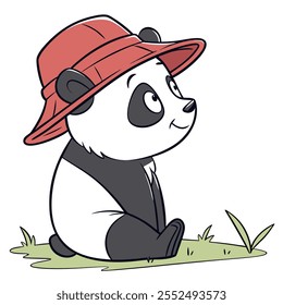 Cute Panda Cub Wearing a Hat Sits in Grass