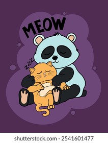 Panda bonito abraçando um gato adormecido - ilustração animal de desenhos animados