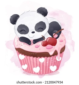 Cute panda and cup cake illustration