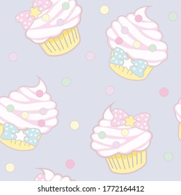 Cute panda cupcake seamless pattern.