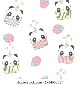 Cute panda cupcake con estampado de fresa sin costura sobre fondo arcoiris.
