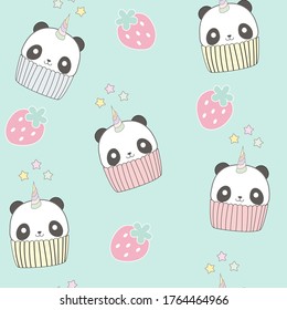 Cute panda cupcake with strawberry seamless pattern