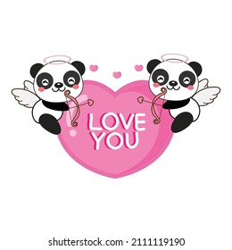  Cute panda cupid with bow and arrow flying on pink wings