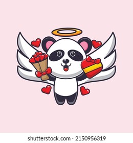 cute panda cupid cartoon character holding love gift and love bouquet
