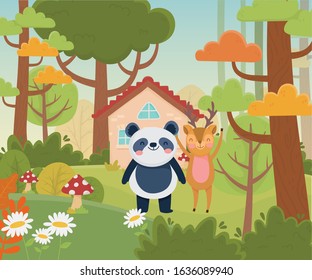 cute panda and deer house trees fowers nature landscape vector illustration