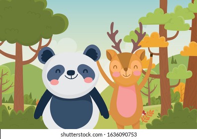 cute panda and deer trees bushes nature forest foliage landscape vector illustration