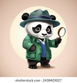 lindo detective panda en sombrero y abrigo con una lupa. animal divertido en la búsqueda. ilustración de personaje de dibujos animados vectorial.