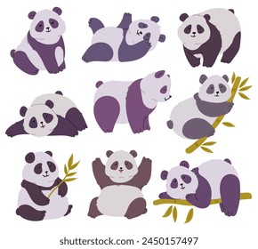 Cute panda in different poses, standing on paws, lying, crawling on bamboo tree vector cartoon illustrations set. Asian bear with black and white fluffy wool. Funny wild animal from China