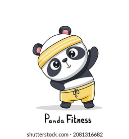 The cute panda do exercises. Sports activities. Postcard in cartoon kawaii style. Vector for design, banners, children's books and patterns