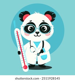 The cute panda doctor character stands with a thermometer on a blue background. Vector illustration of an animal in a doctor's coat.