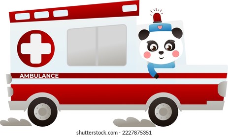Cute panda doctor driving ambulance,animal in emergency, treatment in hospital