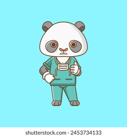 Cute panda doctor medical personnel chibi character mascot icon flat line art style illustration concept cartoon