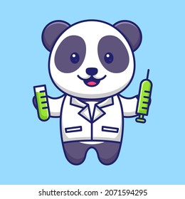 Cute Panda Doctor With Syringe Cartoon Vector Icon Illustration. Animal Health Mascot Concept. Flat Cartoon Style
