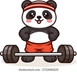 Lindo panda haciendo ejercicio de peso muerto con barra. Ilustración de gimnasio de panda de dibujos animados en ropa deportiva.