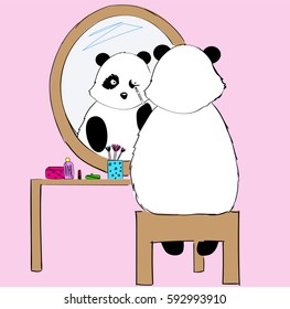 Cute panda doing make up her eyes. Hand drawn vector illustration