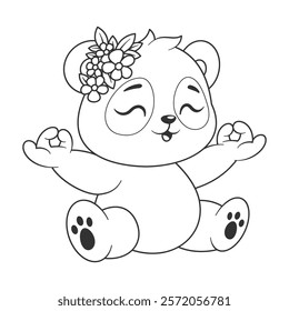 Cute panda is doing meditation for coloring