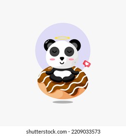 Cute panda doing yoga with donut illustration icon